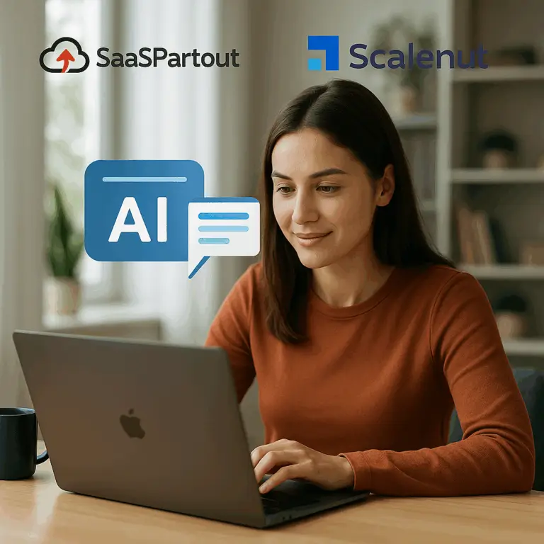 Young woman using an AI-powered writing assistant at home with SaaSPartout and Scalenut logos visible.