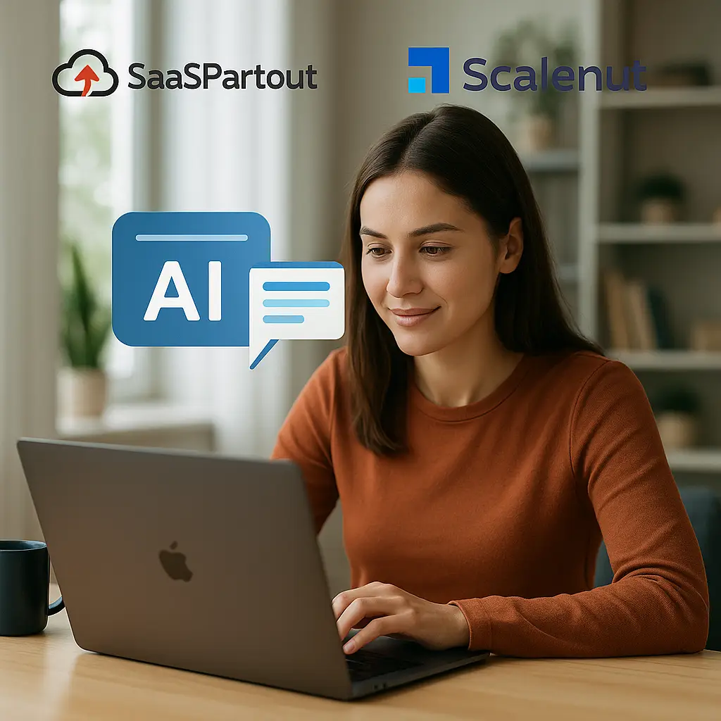 Young woman using an AI-powered writing assistant at home with SaaSPartout and Scalenut logos visible.