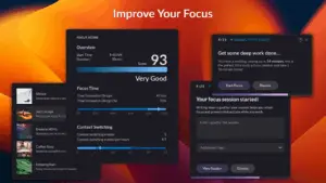 Rize app interface showing focus score, session goal setting, and productivity coaching features for deep work tracking.