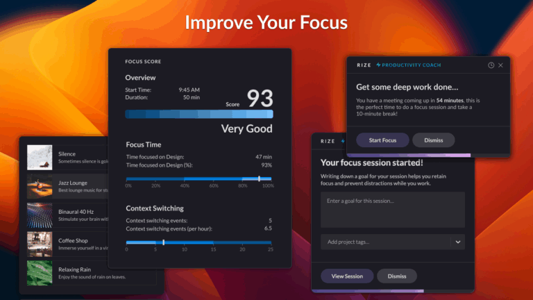 Rize app interface showing focus score, session goal setting, and productivity coaching features for deep work tracking.