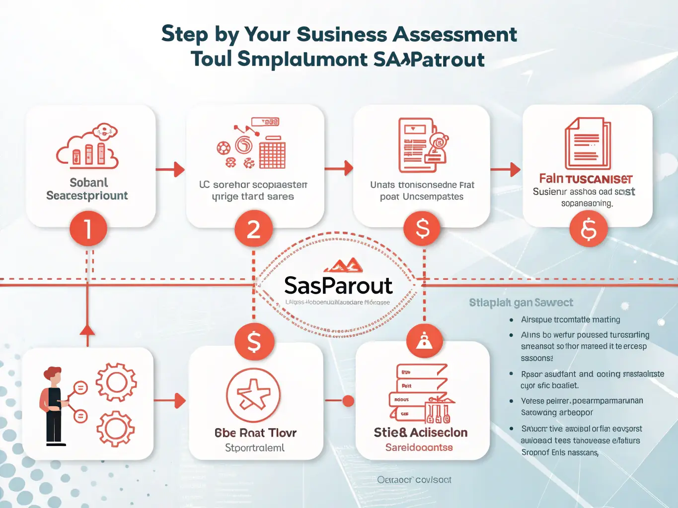 An infographic illustrating the step-by-step process of using Saaspartout, from initial business assessment to final SaaS tool selection and implementation.