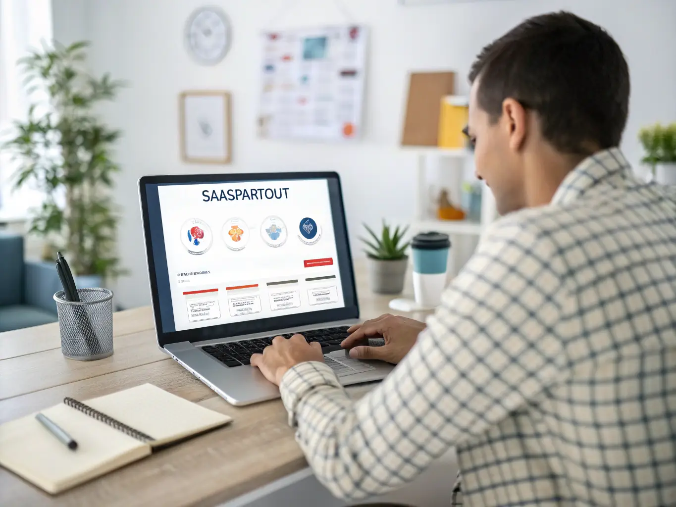 A clean, modern illustration depicting a user interacting with the Saaspartout platform on a laptop, showcasing the intuitive search interface and AI-powered recommendations.