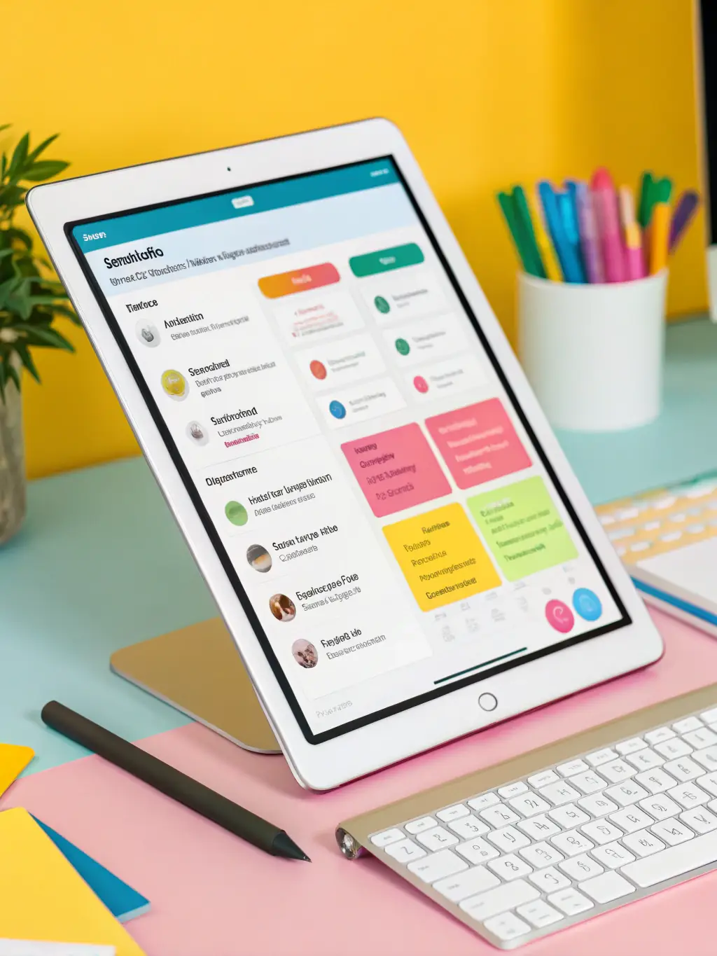 A digital illustration depicting a project management software interface, showcasing task assignments, timelines, and team collaboration features, used to represent project management solutions for SMEs.