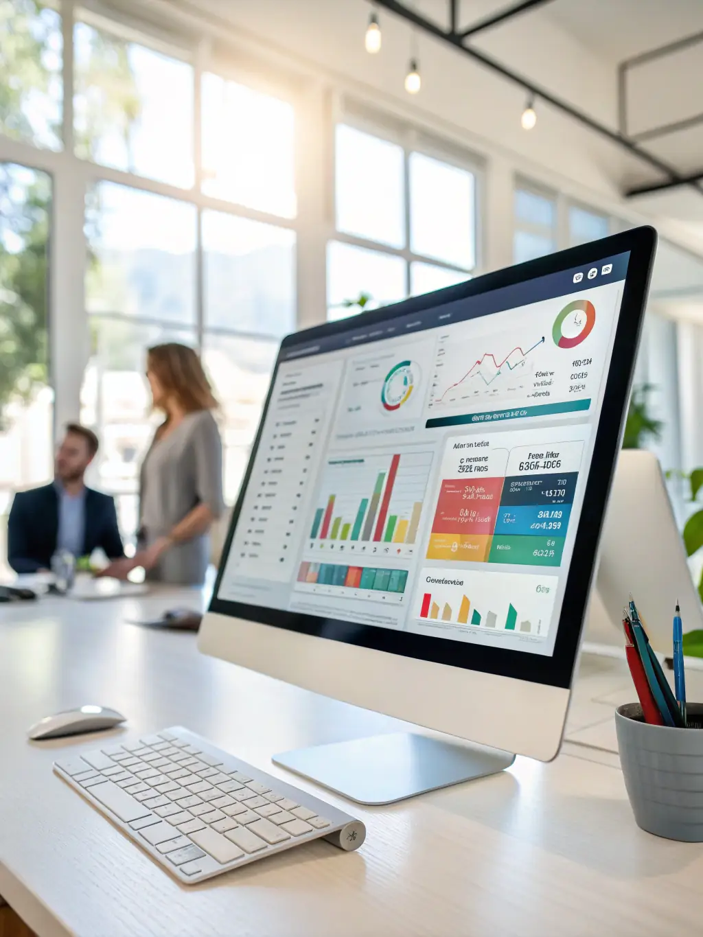 A digital illustration depicting a CRM software interface, showcasing customer data management and sales pipeline tracking features, used to represent CRM solutions for SMEs.
