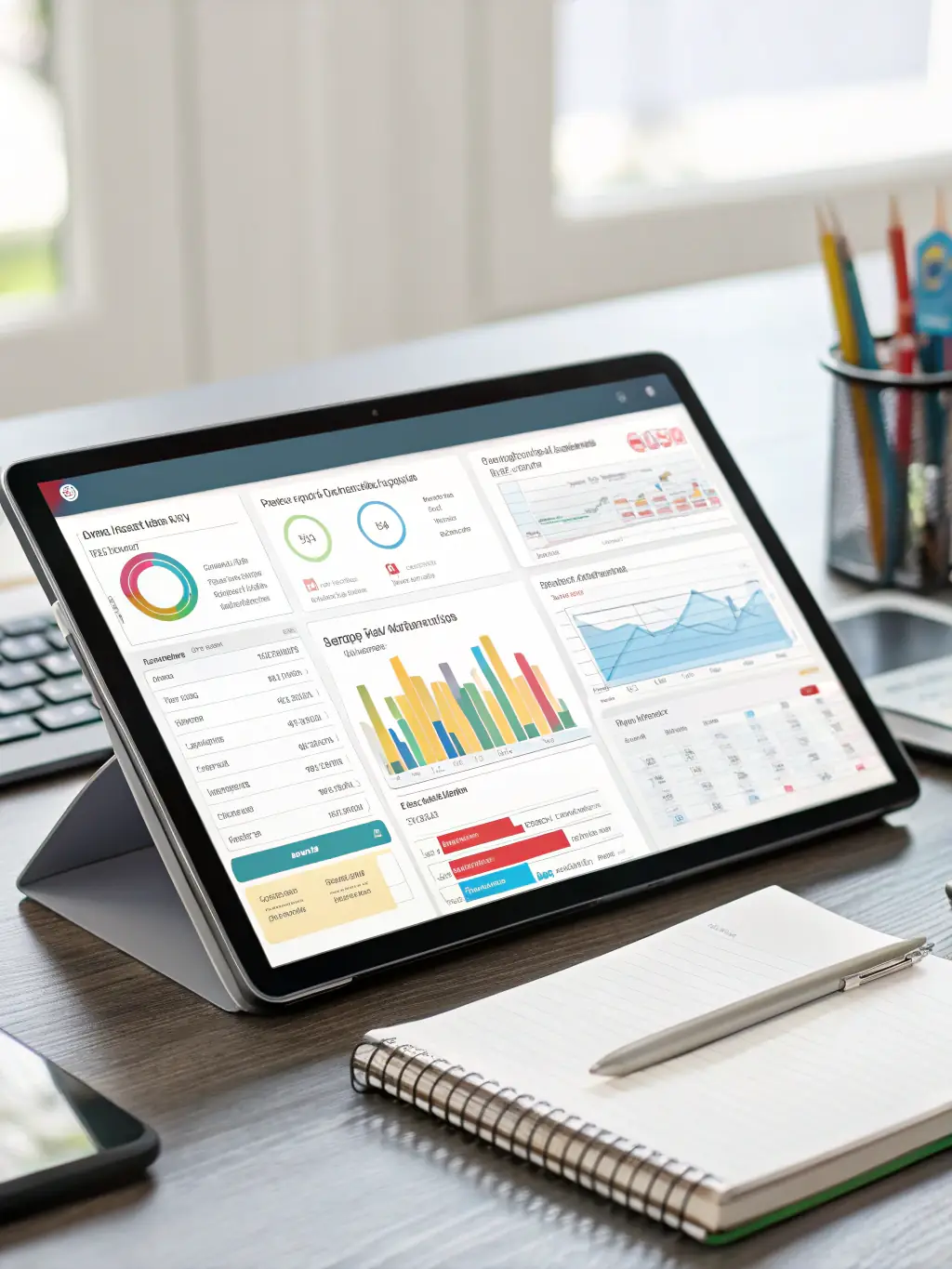 A digital illustration depicting an accounting software interface, showcasing financial reports and transaction management features, used to represent accounting solutions for SMEs.